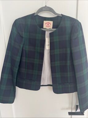 Brooks Brothers Navy & Green Plaid Collarless Cropped Blazer